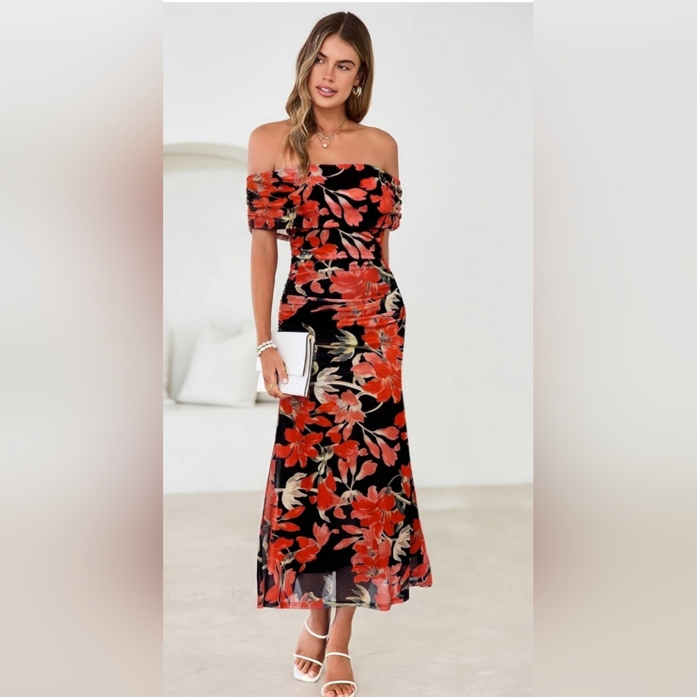 Off Shoulder Floral Maxi Dress Bodycon Ruched Elegant L